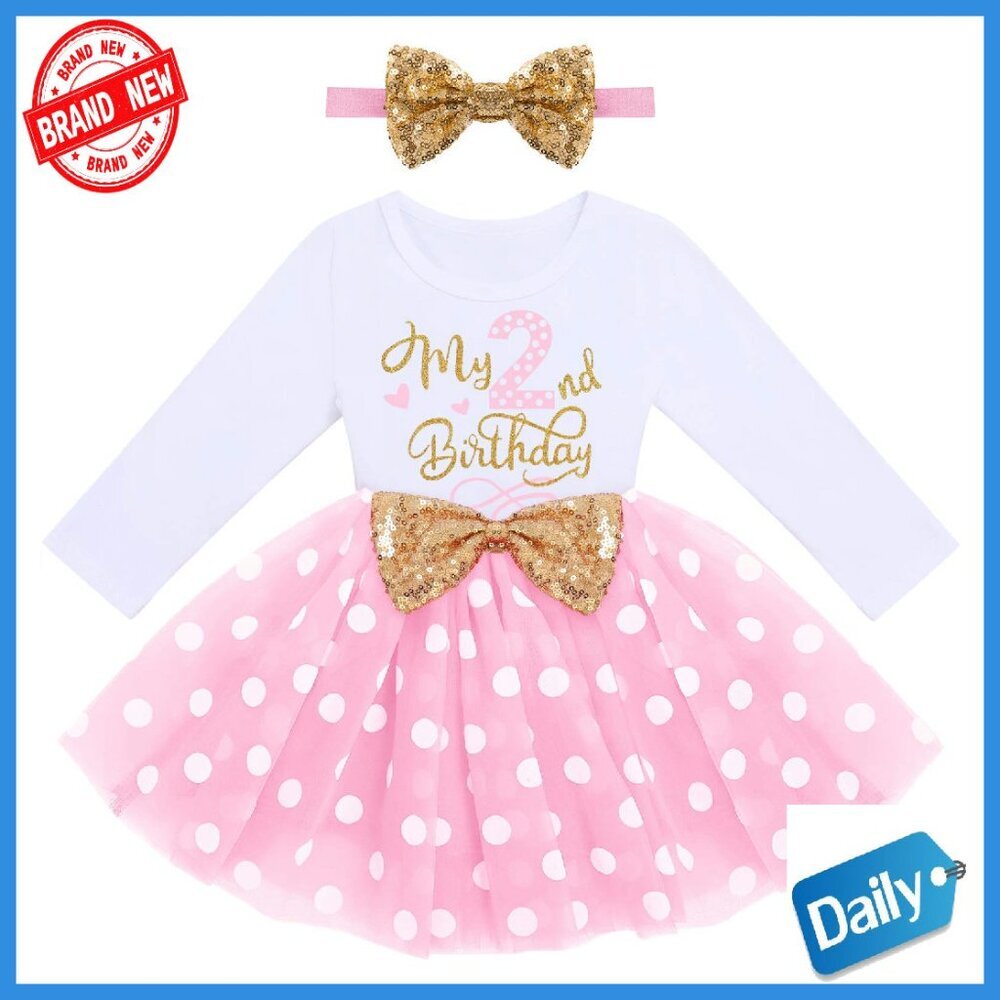 Baby Girl Birthday Tutu Dress Set with Headband 1T-3T Long Sleeve - Picture 1 of 7
